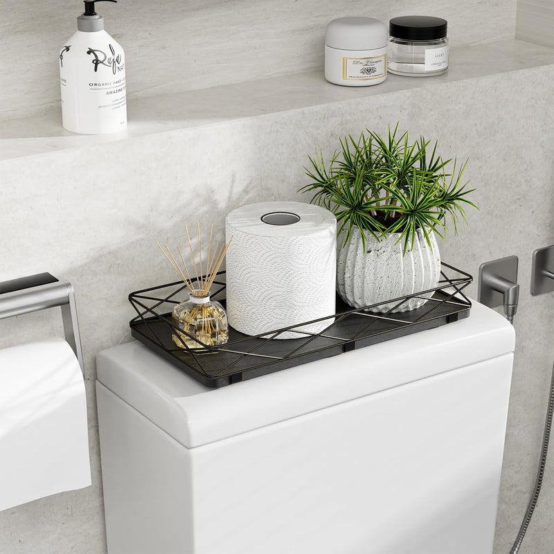 Lixple Toilet Paper Basket Holder, 13" Bathroom Tray Countertop, Wood and Metal Toilet Tank Tray Bathroom Vanity Organizer for Toiletry, Kitchen Sink Organizer for Soap Dispenser (Black) - Image 3